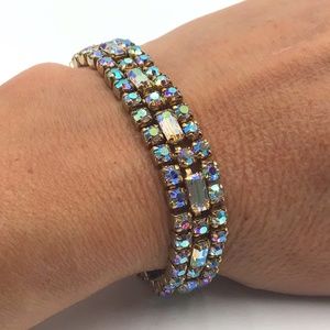 Sherman 3 Row Aurora Borealis Crystals Signed Bracelet